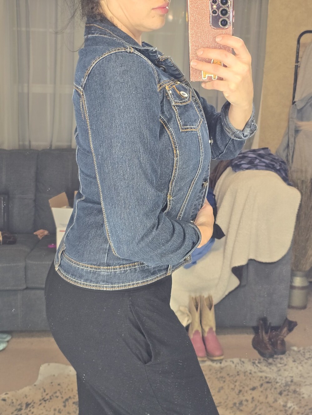 dressbarn Dark Blue Denim Jacket with Gold Stitching - Picture 4 of 9